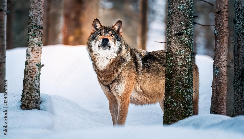 Naklejka premium Striking Grey Wolf in Wintery Forest Majestic Canis lupus Gazes Rightward with Energetic Intensity, Captured at Twilight Amidst Frosty Trees and Snow