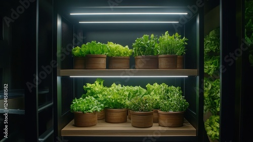 Fresh Organic Greens in Illuminated Vertical Garden Shelves with Stylish Wooden Pots