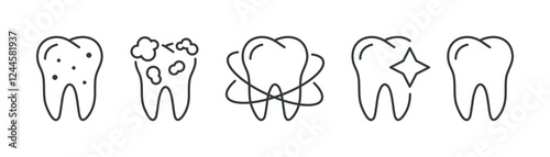 Teeth cleaning, dental tooth care outline icons set
