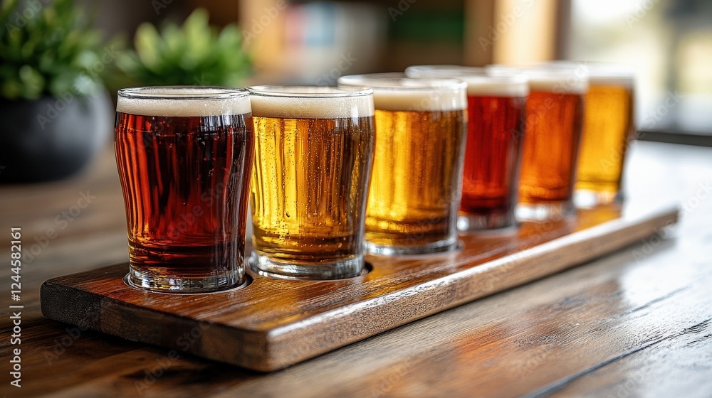 A wooden flight of craft beers showcasing various colors and styles on a rustic table setting A wooden flight of craft beers showcasing various colors and styles on a rustic table setting