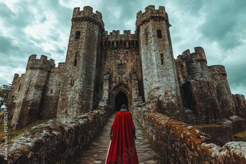 Majestic medieval castle under a cloudy sky with a robed figure approaching the entrance