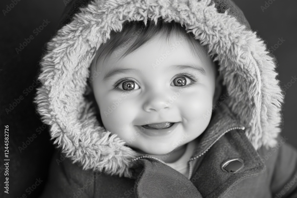 Smiling baby with bright eyes wearing a cozy hooded jacket during a chilly day Smiling baby with bright eyes wearing a cozy hooded jacket during a chilly day