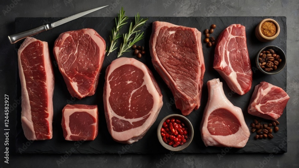 Artisanal Meat Cuts: A Flat Lay Top-Down View of Premium Raw Steaks on a Textured Gray Stone Table with Rustic Accents Artisanal Meat Cuts: A Flat Lay Top-Down View of Premium Raw Steaks on a Textured Gray Stone Table with Rustic Accents
