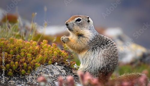 Spotlight on a Curious Ground Squirrel Amidst the Majestic Rocky Mountains of Albertas Bugaboo Provincial Park, Captured in Stunning Winter Glow. photo