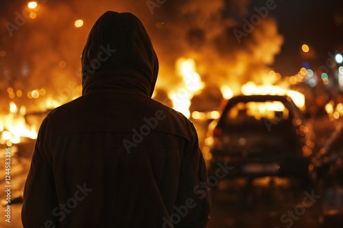 Hooded man watching burning cars in city at night photo