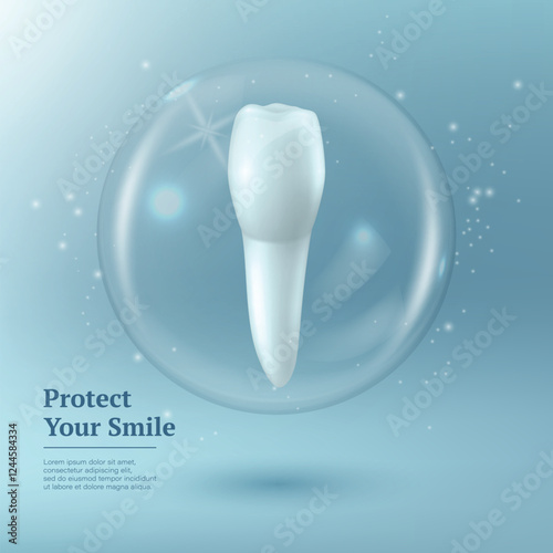 Protect Your Smile. Vector 3D Realistic Tooth in a Protective Bubble Isolated on a Blue Background. Design Template, Clipart, Mockup. Dentistry, Healthcare, Medical, Hygiene, Protection Concept