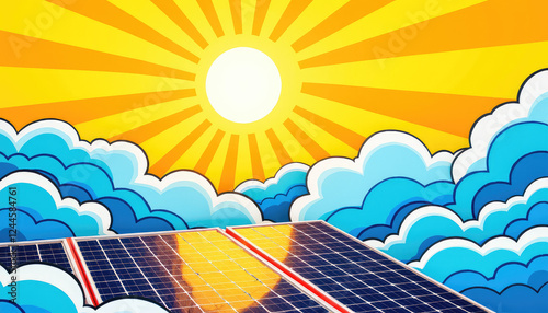 Colorful solar panels under vibrant sun, renewable energy concept