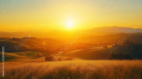Sunrise over hills, close-up of golden sun rising over rolling hills, peaceful landscape