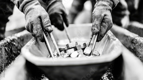 Historical close-up of gold rush workers constructing a sluice box, intense teamwork, period-accurate tools in a monochrome setting