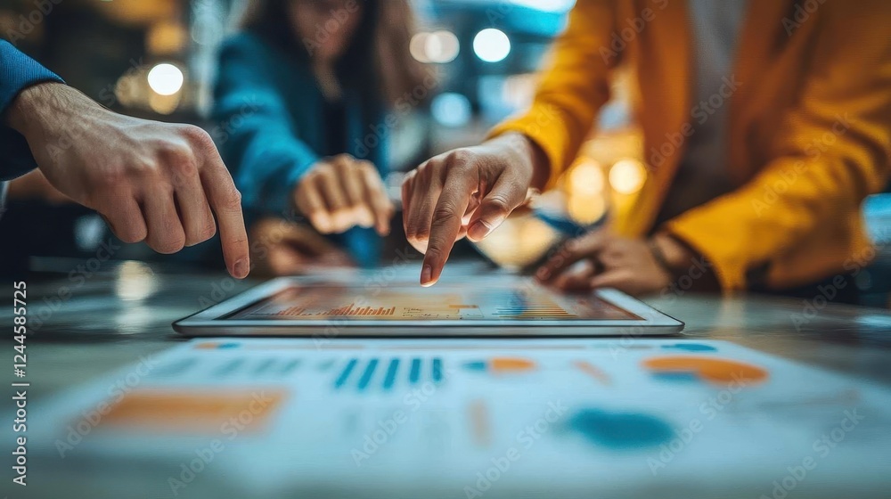 Team collaboration, close-up of hands pointing at a tablet with shared project ideas