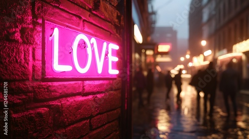 Pink neon love sign illuminating brick wall in soho london