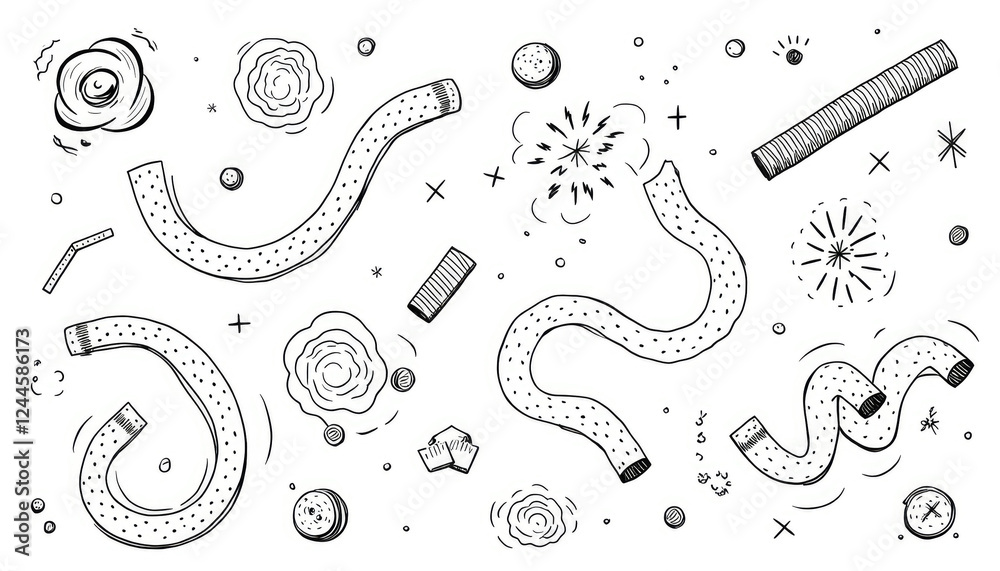 Fun hand-drawn pool noodles and water swirls, artistic relaxation Fun hand-drawn pool noodles and water swirls, artistic relaxation