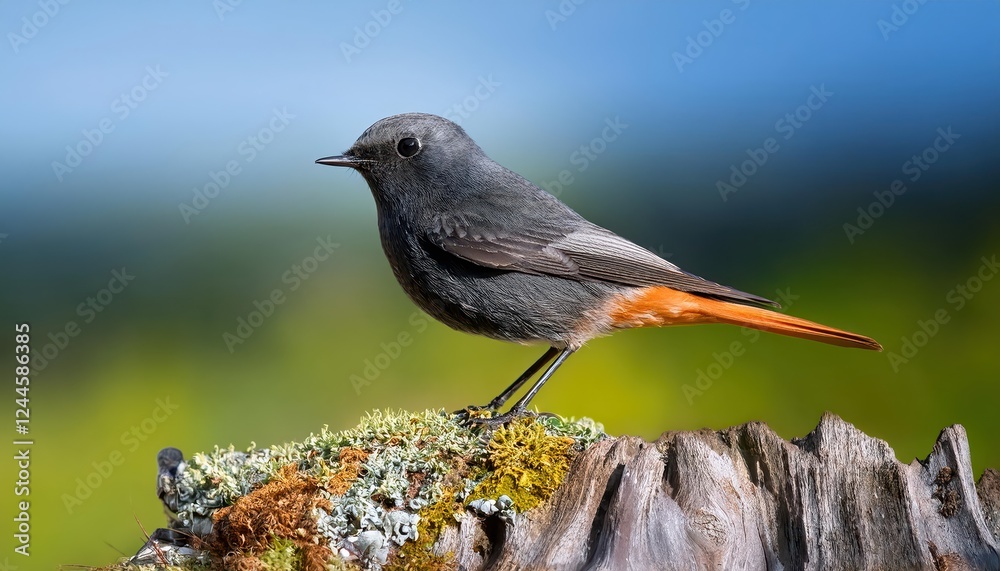 Striking Closeup of a Blackstart Phoenicurus ochruros perched on a Mossy Branch, Displaying its Vivid Red Wings and Majestic Plumage in a Misty Forest Striking Closeup of a Blackstart Phoenicurus ochruros perched on a Mossy Branch, Displaying its Vivid Red Wings and Majestic Plumage in a Misty Forest