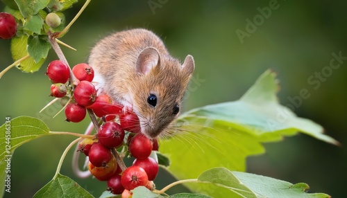 Adorable Harvest Mouse Grazing on Wilderness Berries amidst the Wintery Forest, Indiana, U.S., in a Moment of Peaceful Serenity photo