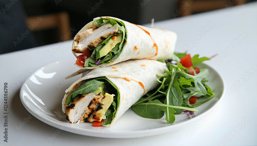 A soft spinach wrap filled with grilled chicken, avocado slices, and a tangy chipotle sauce, neatly A soft spinach wrap filled with grilled chicken, avocado slices, and a tangy chipotle sauce, neatly