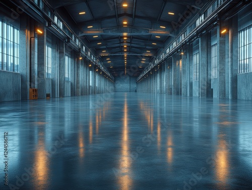 Spacious industrial interior with polished floor and ambient lighting.