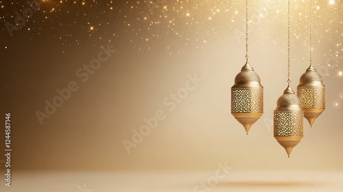 elegant gold ramadan lanterns with sparkling stars background, with copy space for text