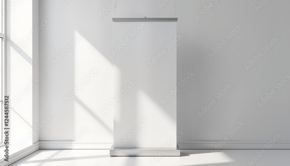 Blank vertical banner on white wall with natural light Blank vertical banner on white wall with natural light