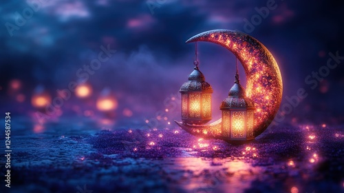 magical ramadan lanterns with glowing crescent moon