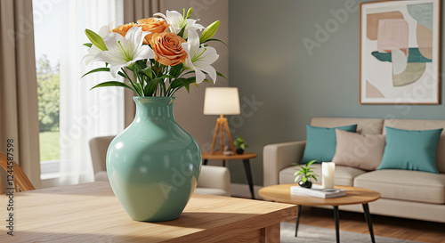 Modern Living Room with an Aqua Green Vase and Fresh Flowers