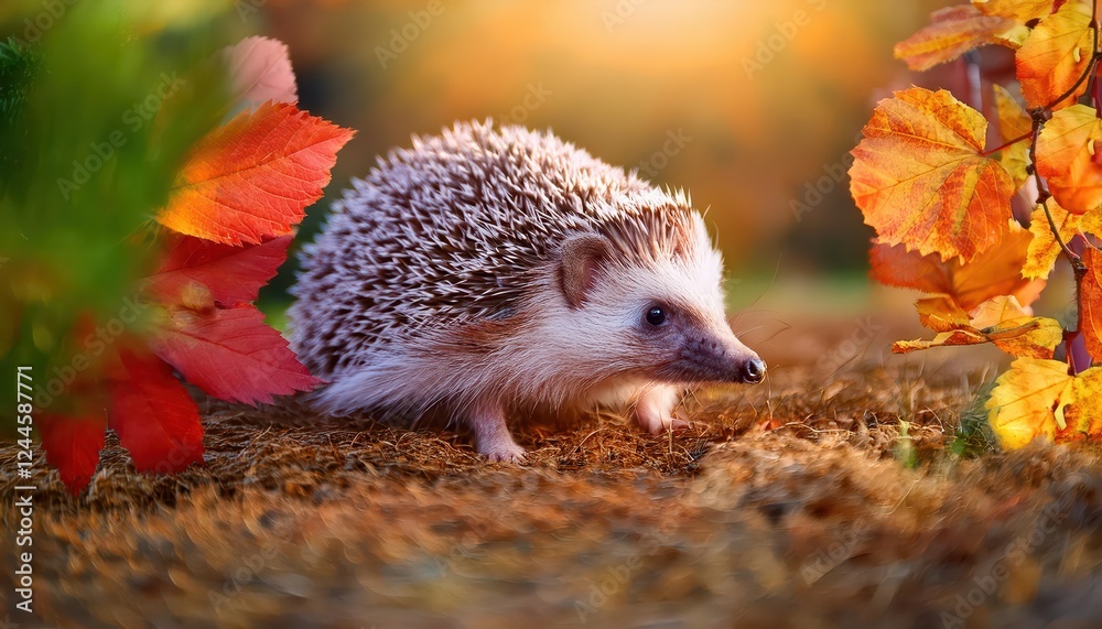 Fototapeta premium Enchanting Autumn Hedgehog Amidst a GoldenOrange Leaf Canopy, Beneath a Gloaming Sky, Capturing the Essence of Natures Warmth and Tranquility.