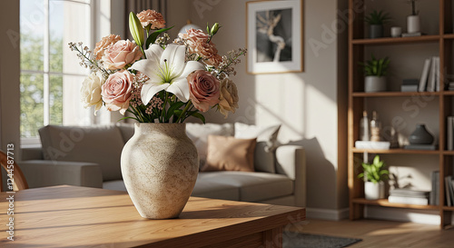 Modern Living Room with a Ceramic Vase and Fresh Flowers