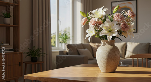 Modern Living Room with a Ceramic Vase and Fresh Flowers