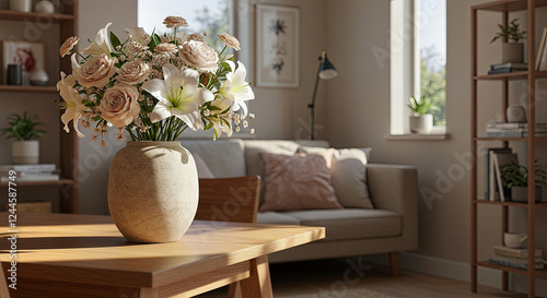Modern Living Room with a Ceramic Vase and Fresh Flowers