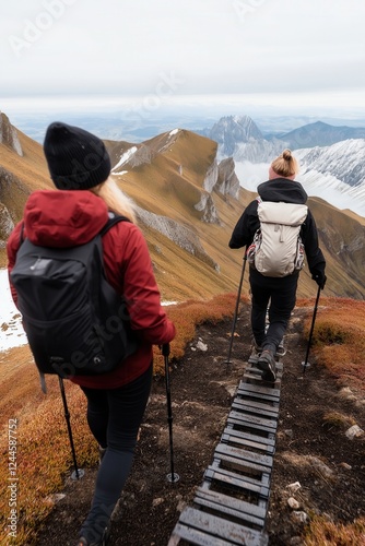 Two female hikers are using their trekking poles while descending a mountain path made of wooden planks