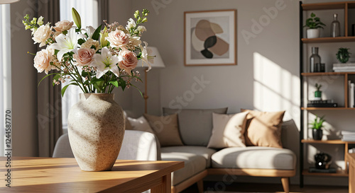 Modern Living Room with a Ceramic Vase and Fresh Flowers