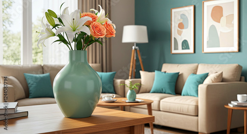 Modern Living Room with an Aqua Green Vase and Fresh Flowers