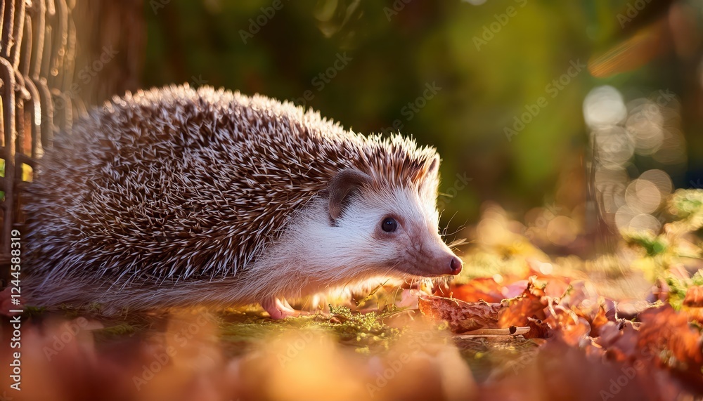 Fototapeta premium FreeRoaming Hedgehog Spotted in a Vibrant Wildlife Garden Hide, Amidst the Twilight of an English Countryside Evening