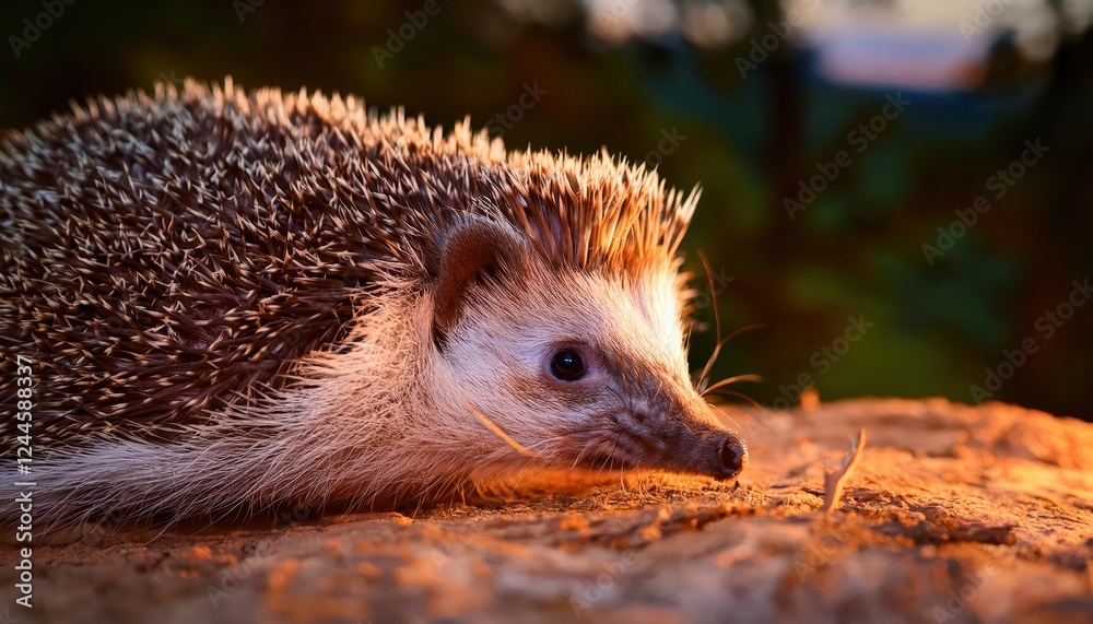 Fototapeta premium Majestic Wild Hedgehog Exploring an Enchanted Twilight Wildlife Garden Hide, Captured in the Soft Glow of Dusk