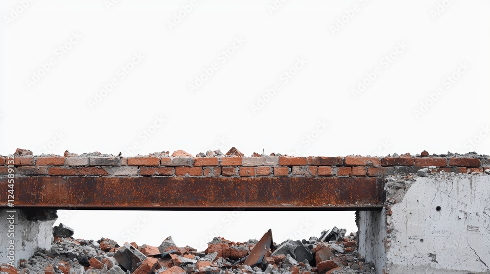 Side view of weathered bricks and corroded steel rods amid rubble, industrial decay theme, soft shadows, and a clean white background Side view of weathered bricks and corroded steel rods amid rubble, industrial decay theme, soft shadows, and a clean white background