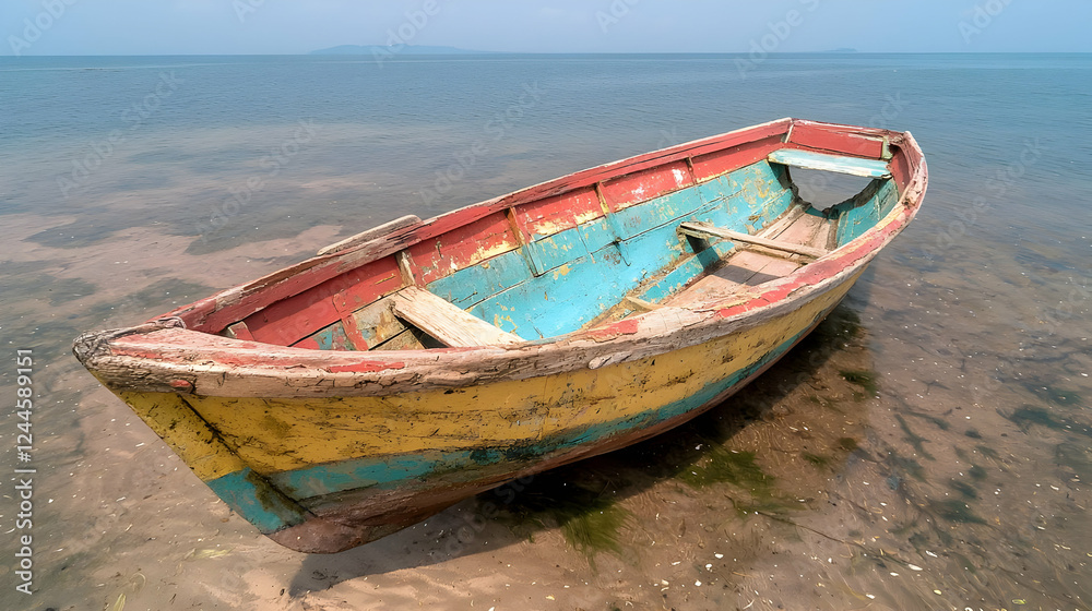 Colorful old boat aground on shallow beach, calm sea background Colorful old boat aground on shallow beach, calm sea background