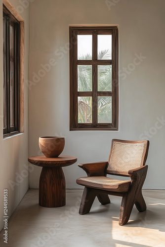 Obraz na płótnie white interior design with ranch style, wood decoration, with armchair and window with natural sunlight w salonie