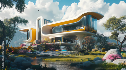 Fototapeta Naklejka Na Ścianę i Meble -  A visually striking 3d render showcasing an inverted structure integrated harmoniously into a futuristic and vibrant backdrop. Inverted Reality. Illustration
