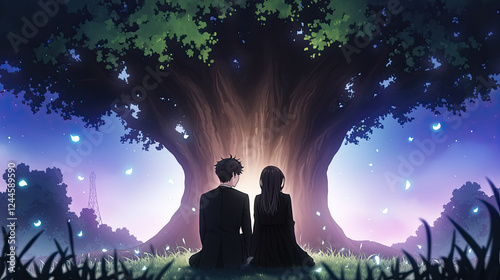 Couple sitting under a tree gazing at the sky in a peaceful anime inspired valentines moment photo