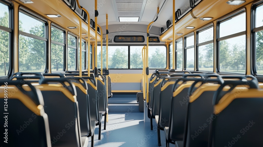 Fototapeta premium Spacious school bus interior showcasing ergonomic design, curved seatbacks, and natural light pouring through large side windows, photorealistic 3D render, soothing tones
