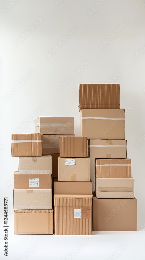 Stacked cardboard boxes, varying sizes with labels and tape, arranged symmetrically, captured on a pure white background in precise studio lighting Stacked cardboard boxes, varying sizes with labels and tape, arranged symmetrically, captured on a pure white background in precise studio lighting
