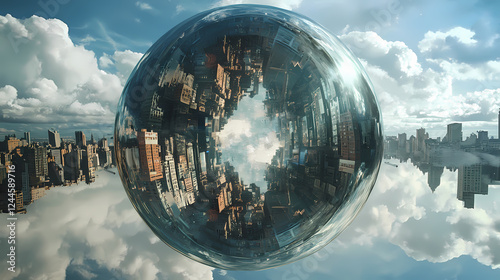 Beyond imagination concept. a cyberpunk metropolis reflected upside-down in a hovering mirror-like sphere, dual realities. Inverted Reality. Illustration