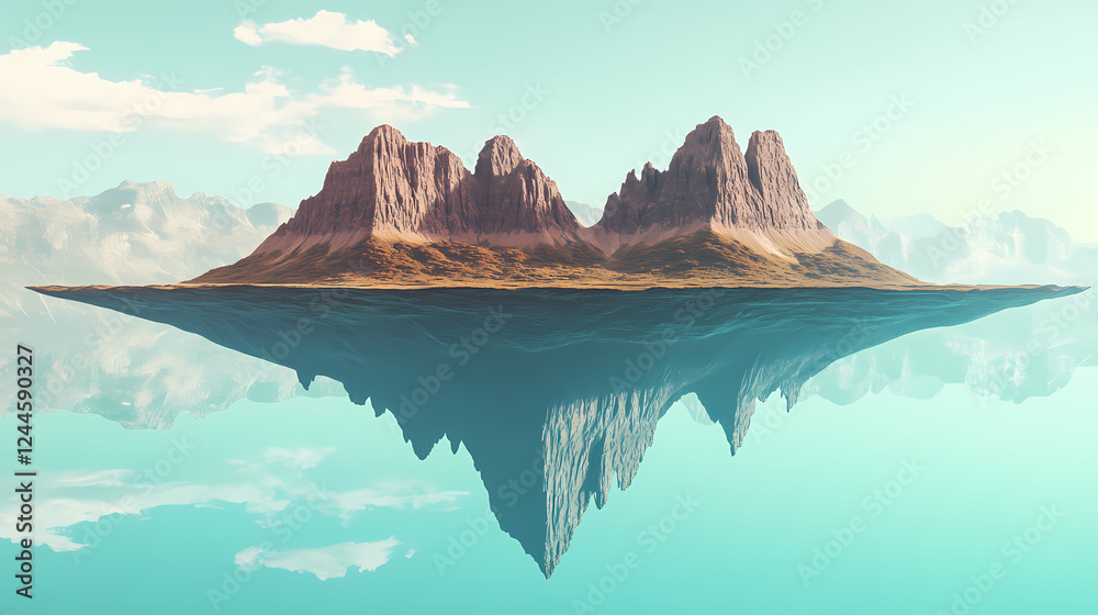 Naklejka premium Dreamlike surreal landscapes: floating islands and upside-down mountains in a human-free world. Inverted Reality. Illustration