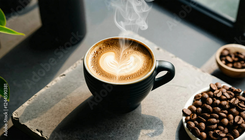 A single-origin espresso served in a sculptural ceramic cup, placed on a raw concrete slab with care