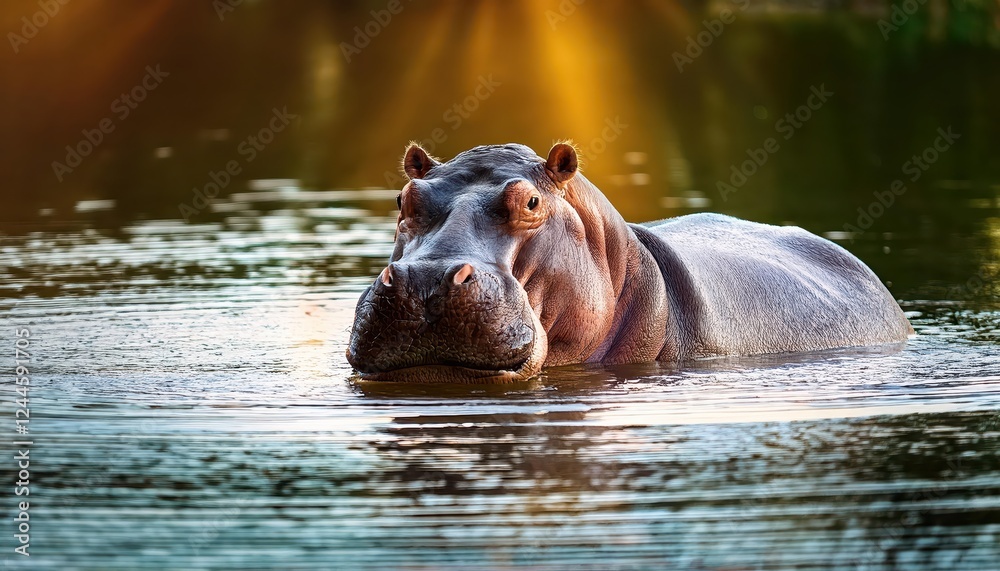 Majestic Hippo Basking in the African Savannah River at Dusk, Depicting a Serene and Powerful Moment in the Heart of Wild Africa Majestic Hippo Basking in the African Savannah River at Dusk, Depicting a Serene and Powerful Moment in the Heart of Wild Africa