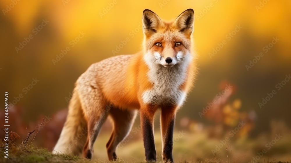 Fototapeta premium A red fox gracefully roams through a softfocus natural landscape, showcasing its vibrant fur against the greenery.