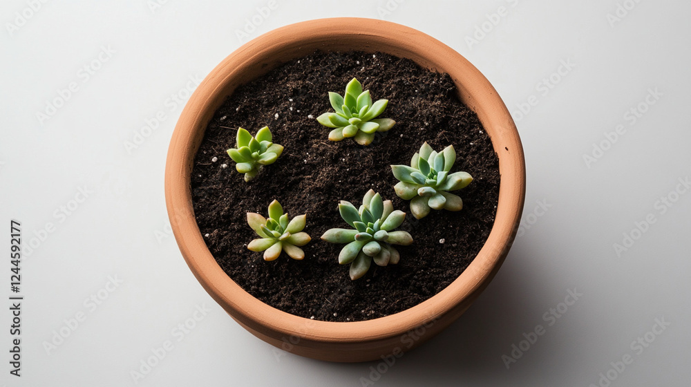 Small potted succulent plants growing in fresh soil inside a terracotta pot, arranged in a circular pattern under soft natural light Small potted succulent plants growing in fresh soil inside a terracotta pot, arranged in a circular pattern under soft natural light