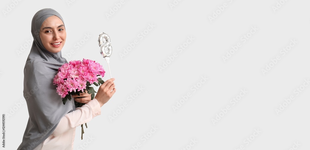 Happy young Muslim woman holding bouquet of flowers and balloon on white background with space for text. International Women's Day Happy young Muslim woman holding bouquet of flowers and balloon on white background with space for text. International Women's Day