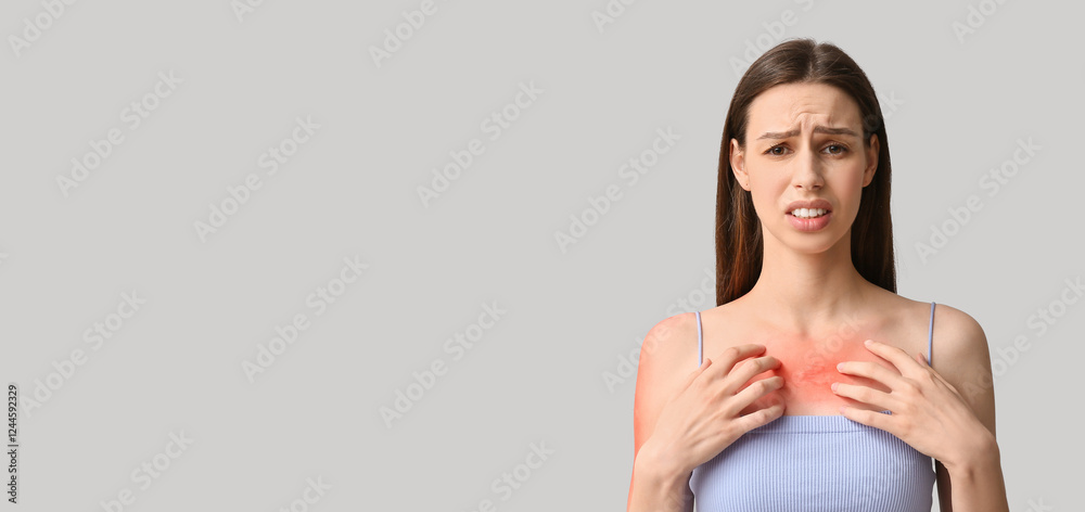 Young woman with red sunburned skin on grey background Young woman with red sunburned skin on grey background