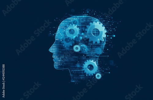 Abstract digital human head with gears and binary code on a dark blue background