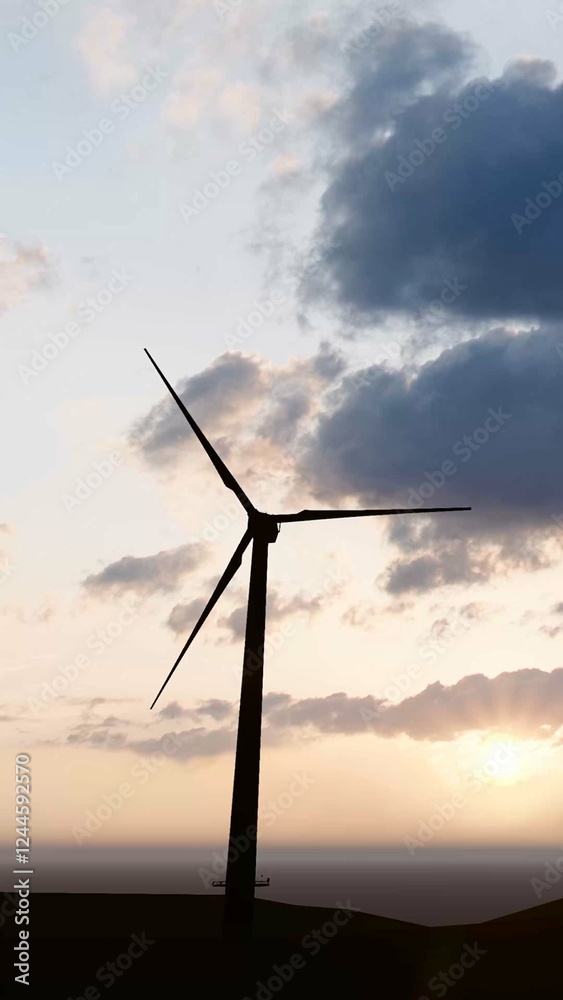 Wind power plant towers in mountains at sunset. Windmill farm. Sustainable energy production. Green energy, clean power, clean energy concept. Wind power plant towers in mountains at sunset. Windmill farm. Sustainable energy production. Green energy, clean power, clean energy concept.